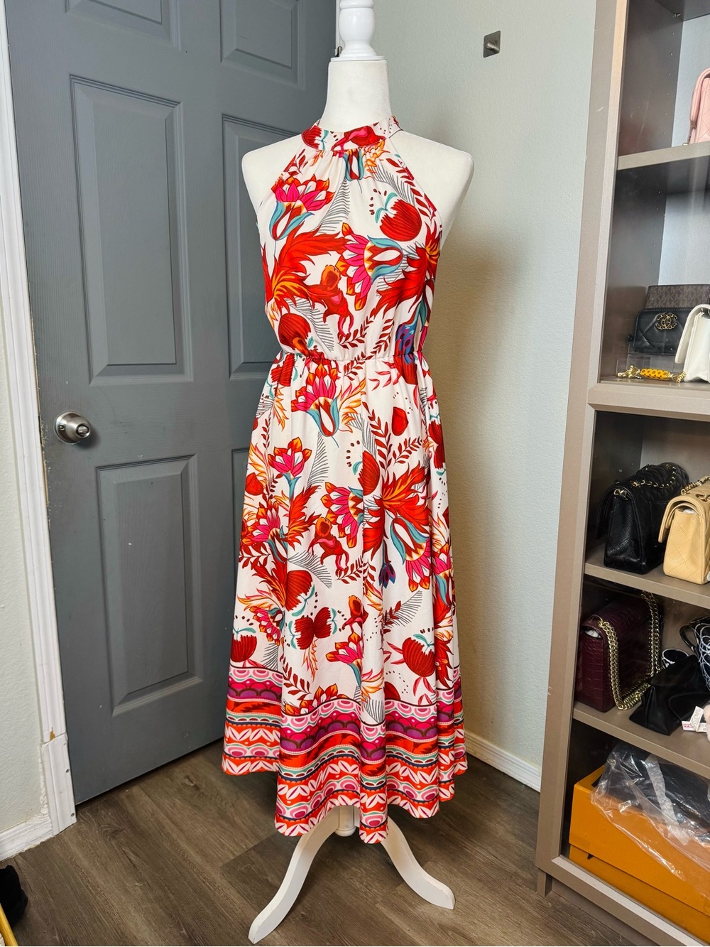 Bohemian Tropical Floral Halter Neck Maxi Dress Small